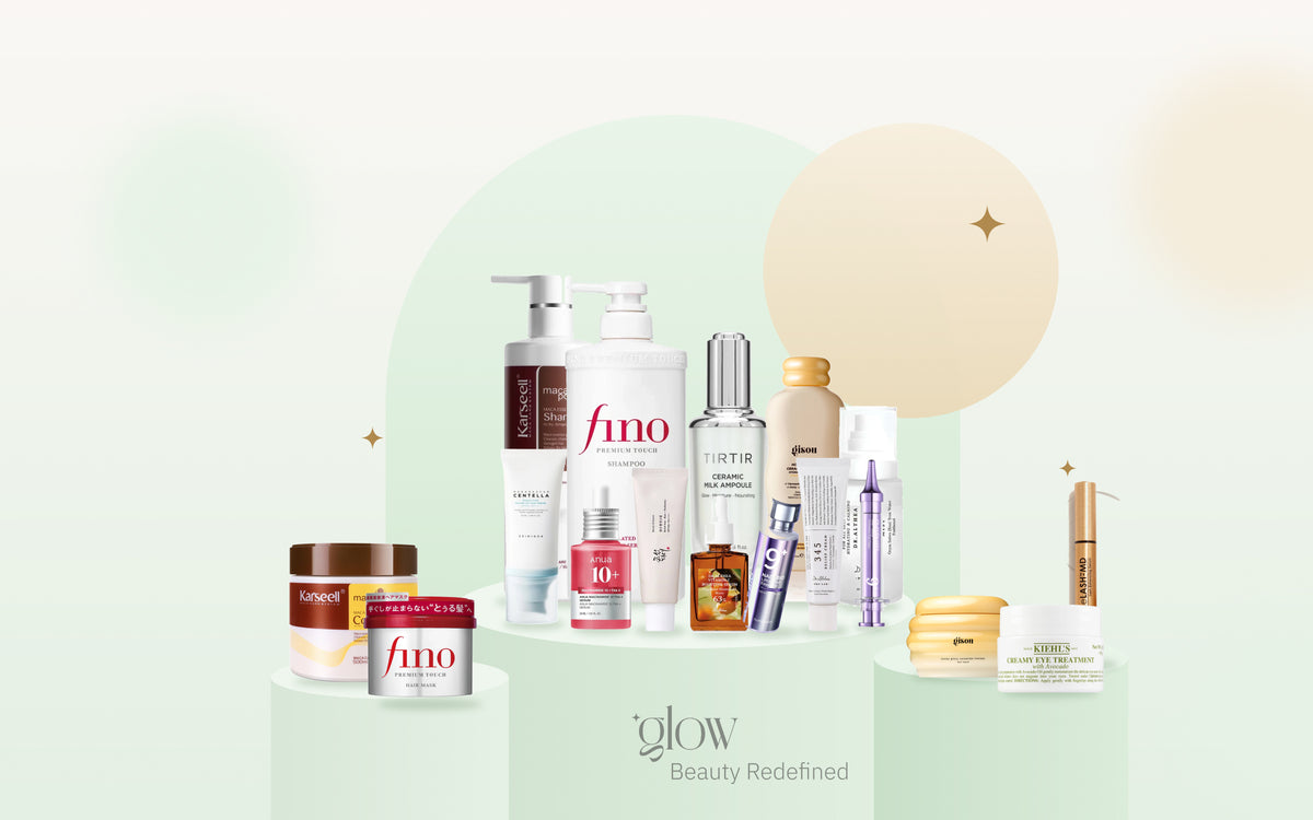 Glow skincare and haircare favourites grouped on blush pedestals