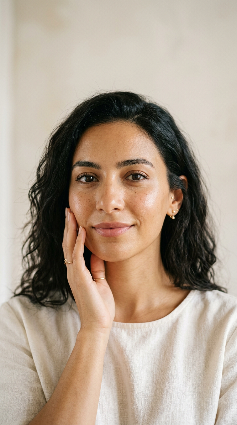 Woman with dewy skin touching her cheek